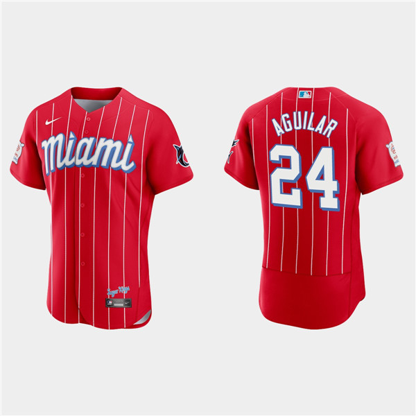 Men's Miami Marlins #24 Jesus Aguilar 2021 Red City Connect Flex Base Stitched Jersey